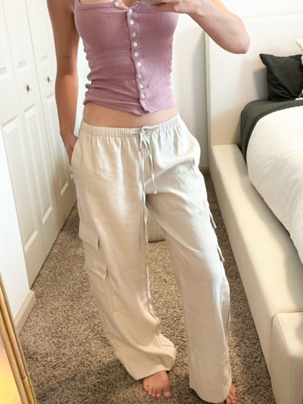 Abercrombie & Fitch Beige Wide-Leg Cargo Drawstring Pants